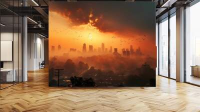 Summer's haze blankets city, touched by morning sun Generative AI Wall mural