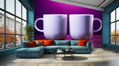 Trendy ultraviolet background highlights two white coffee cups Wall mural