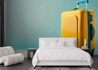 Yellow suitcase on a blue background.Travel concept, free space for text Wall mural