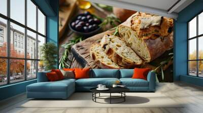 Artisan Olive Bread Loaf on Wooden Board with Rosemary Wall mural