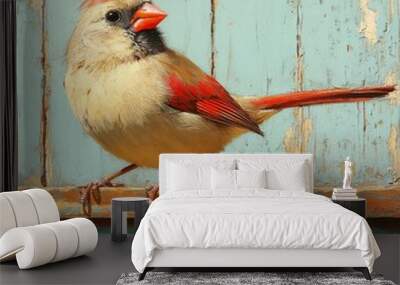 Birdwatching scene with a female cardinal on a fence, featuring copy space.   Wall mural