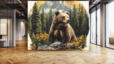 California state design with a grizzly bear and forested mountains, vector style.   Wall mural