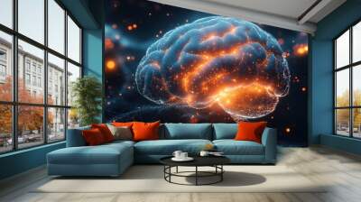 Digital brain neural network with each node representing an online course. Bioluminescent data flow lighting. Abstract cyberspace backdrop.  Wall mural