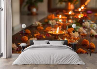 diwali diya lamps arranged on a table. warm candlelight. festive home background. Wall mural