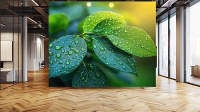 Green Leaves with Dew Drops in Sunlight Wall mural