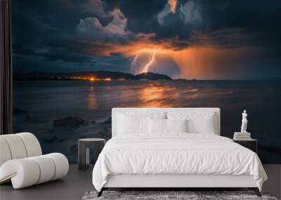 lightning strike heating water surface, creating electric freight flow, Sony a9 2 with 40 millimeters f/1.8 wide angle lens, low exposure, Stormy is the escape,   Wall mural