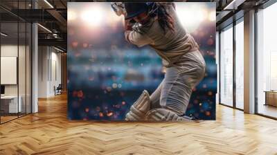 Powerful female cricketer mid-swing, bat connecting with ball, stadium lights illuminating. Freeze-frame action shot, blurred crowd background. Nikon Z9, 70-200mm f/2.8, slightly low angle.   Wall mural