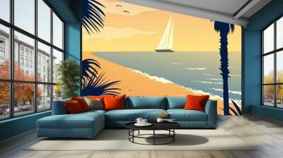 a vintage style poster with a tropical beach and a sailboat on the sea with the text summertime is t Wall mural