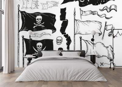 Vector illustrated set of various waving pirate flags Wall mural