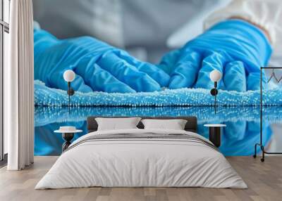 Close-up of hands in blue gloves using a microfiber cloth to clean a table in an office meeting room, ensuring a polished, pristine result. Wall mural