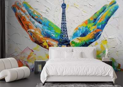 Watercolor Aesthetics of the Eiffel tower with colorful sunset in the background Wall mural