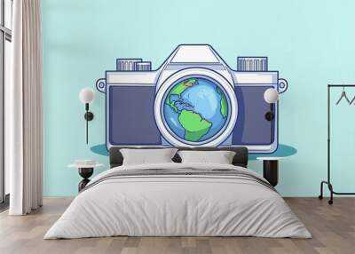 World Photography Day with World Map Background, photographer taking photo. World Photography Day social media banner and instagram banner post design Wall mural