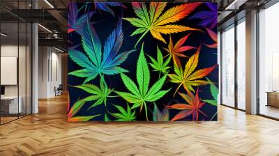 A vibrant overlapping cannabis leaves, rich gradient, spectrum of colors, psychedelic art, luminous, neon effect, weed leaves. Gen AI Wall mural