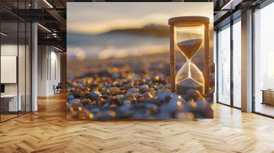 An elegant hourglass placed on a pebbled beach, illuminated by the soft golden light of the setting sun. The hourglass is made of glass and wood, empty space for design Wall mural