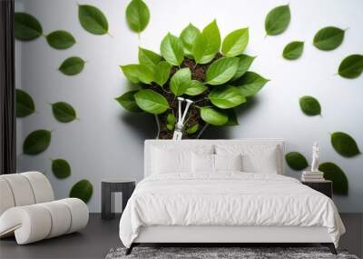 eco green light bulb with leaves inside, in the style of photo-realistic landscapes, global imagery, sustainable design, shaped canvas, highly detailed foliage, white background, generative ai Wall mural