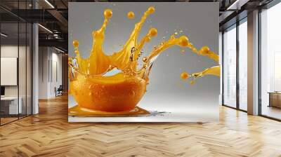 Orange juice splash isolated on transparent background, fruit juice crown splashes wave swirls drops, Shiny yellow liquid splashing fluids droplets, fresh drink, clear beverage, generative ai Wall mural