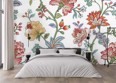 seamless floral  chintz pattern for design prints with green leaves an pink an white blue flowers  Wall mural