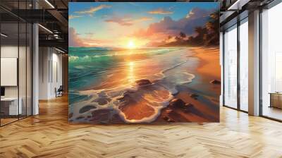 beautiful sea side summer beach in sunrise lights waves beach coast line nature in sunlight ocean sunset horizon landscape vacation happiness concept slow motion Wall mural