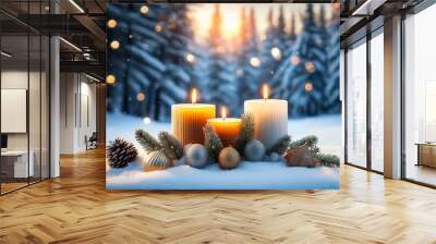 christmas decorations with candles on a snowy background winter forest landscape Wall mural