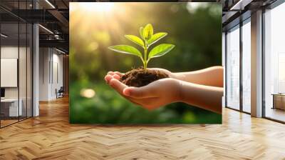 close up of a plant in a child s hands ecological concept with green sunny background Wall mural