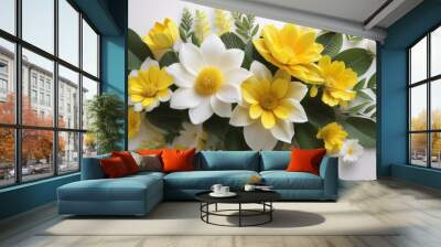 Elegant floral arrangement featuring yellow and white blossoms with green foliage. Beautiful, vibrant design perfect for spring and summer decor. Wall mural