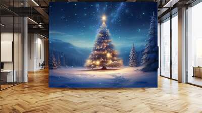 fantastic winter landscape with christmas tree 3d rendering christmas background with christmas tree snow and stars beautiful christmas night Wall mural