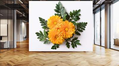 Flowers creative composition Bouquet of chrysanthemum flowers plant with leaves isolated on white background Flat lay top view copy space Wall mural