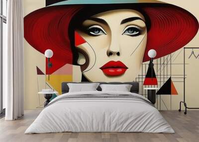 Generative AI illustration of abstract portrait of female face with red lips and in hat designed with geometrical shapes of various shades of colors Wall mural