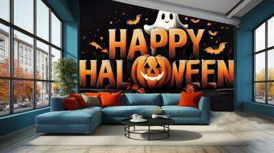 happy halloween distressed text with pumpkin and ghost over black background Wall mural