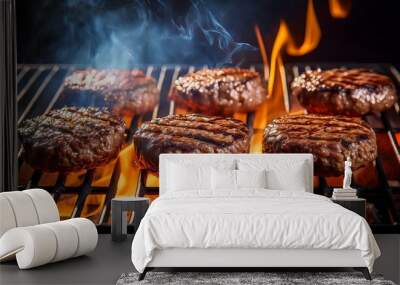 juicy grilled beef burger meat patties sizzling on the barbecue with fire Wall mural