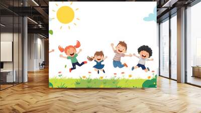 Cute cartoon children's illustration style, several kids jumping happily in the sun on green grass with white background, colorful cartoon characters. Wall mural