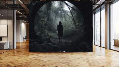 a person standing in the middle of a dark forest Wall mural