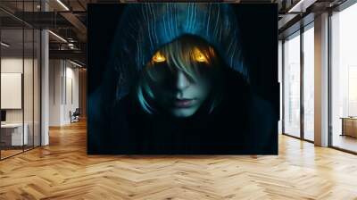 a woman in a hoodie with glowing eyes Wall mural