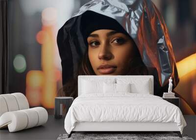 a woman wearing a silver hoodie in the city at night Wall mural