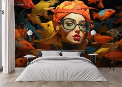 a woman wearing glasses and an orange hat surrounded by fish Wall mural