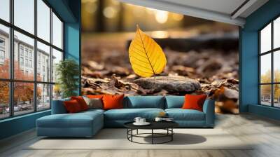 a yellow leaf sits on top of a rock in the middle of a forest Wall mural