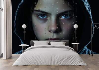 a young boy in a hoodie with binary code on his face Wall mural