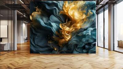 gold and blue liquid flowing over a black background Wall mural