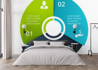 Circle diagram divided into 3 parts, steps or options. Vector origami infographic design template. Illustration for project steps visualization. Business presentation. Wall mural