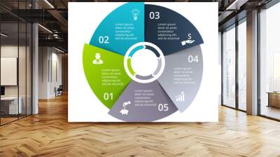 Circle diagram divided into 5 parts, steps or options. Vector origami infographic design template. Illustration for project steps visualization. Business presentation. Wall mural