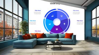 Circle divided into five parts with arrows around. Template for cycle business presentation. Vector infographic design illustration with 5 options Wall mural