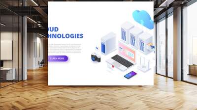 Cloud technologies design concept with people. Isometric vector illustration. Landing page template for web. Wall mural