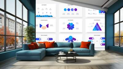 Collection of infographic presentation slides - mountains, heart diagram, flow charts, arrows and briefcase. Creative vector illustration for business analysis. Wall mural