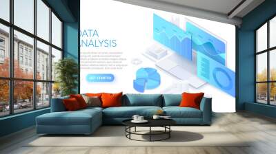 Data analysis design concept with laptop. Isometric vector illustration. Landing page template for web. Wall mural