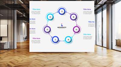 Diagram with seven circles connected by thin lines. Template for cycle business presentation. Vector infographic design illustration with 7 options Wall mural