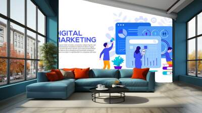 Digital marketing concept with characters. Vector illustration. Landing page template for web and mobile. Wall mural