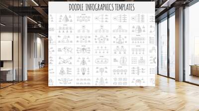 Doodle infographic bundle with funnel, rocket, earth, circles, pyramid, goal, circles and other abstract elements. Hand drawn icons. Thin line illustration Wall mural