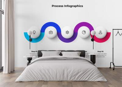 five circles arranged in a horizontal row connected by a zigzag line. concept of 5 steps of business Wall mural