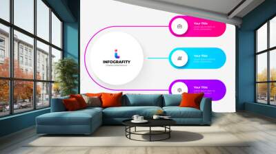 Flow chart infographic business template. Central circle with three elements. Vector info graphic design illustration with 4 steps Wall mural