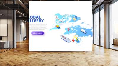 Global delivery concept with map, plane and tanker. Isometric vector illustration. Landing page template for web Wall mural